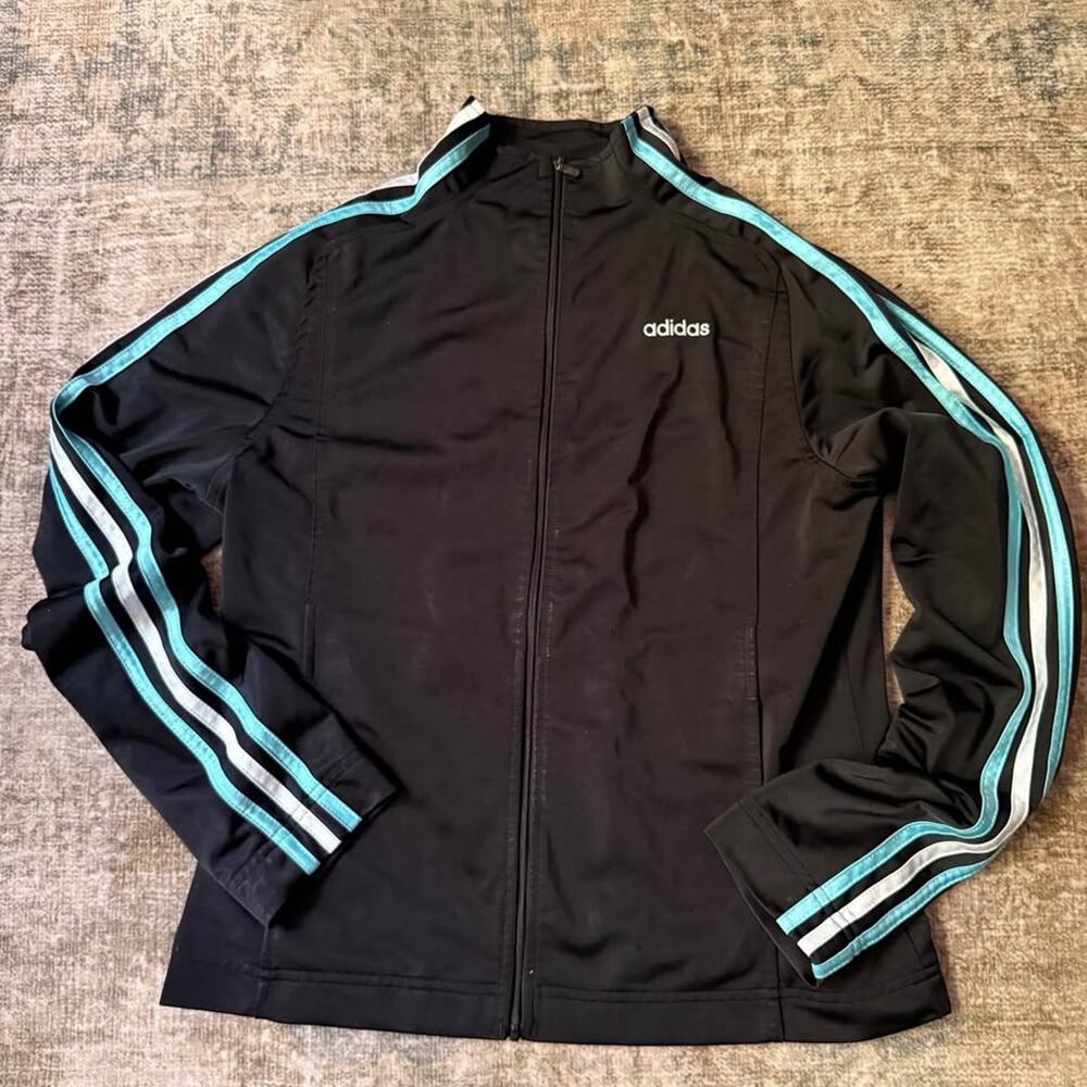 Women Sz Medium Adidas Three-Stripe Track Jacket Black & Light Blue